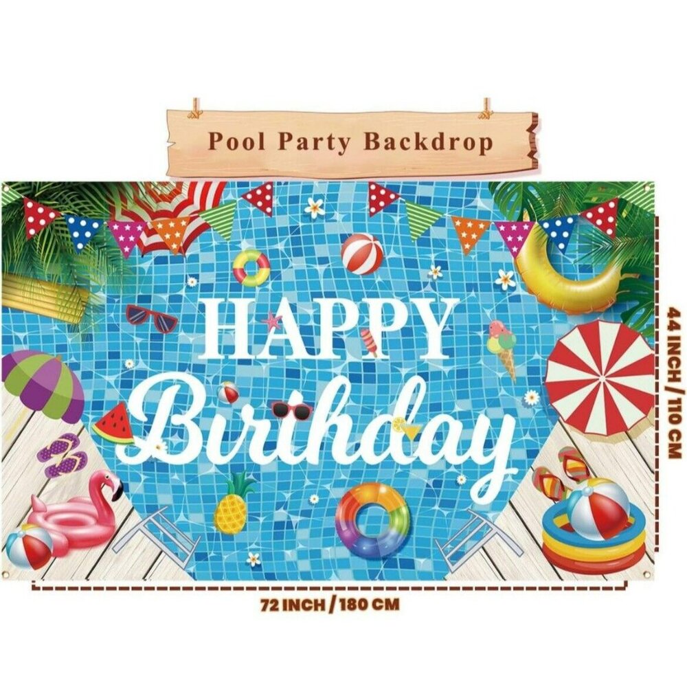 Birthday Pool Party Backdrop Banner, 72x43 inch with grommets